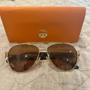 Tory Burch Gold and Brown Aviator Sunglasses with Tory Burch Case